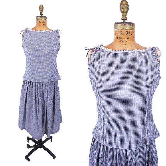 Vintage 50s Checkered Summer Set Black Top Full Skirt | W 25" - Picture 1 of 6